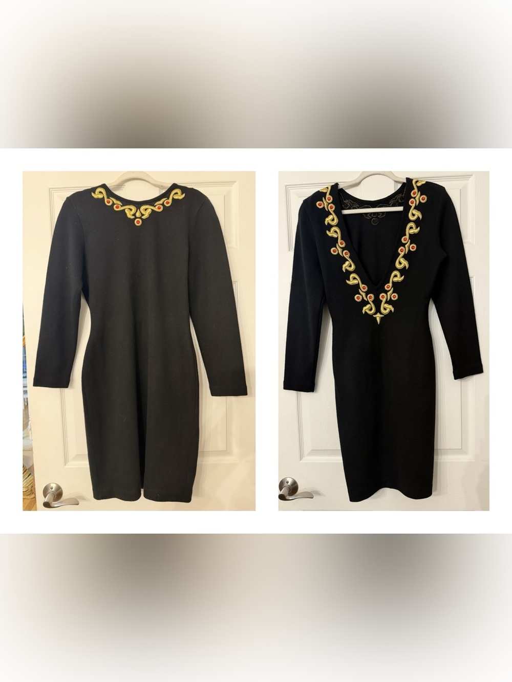 RARE VTG Outlander Knit Bodycon Dress | Size M | Black with Gold Embroidery